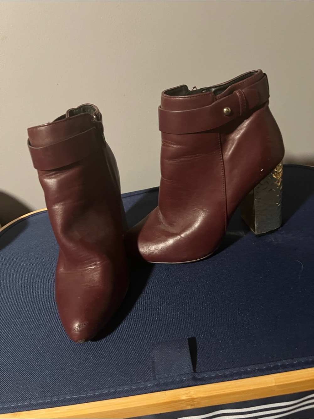 Charlotte Russe Burgundy Ankle Booties with Metallic Block Heel